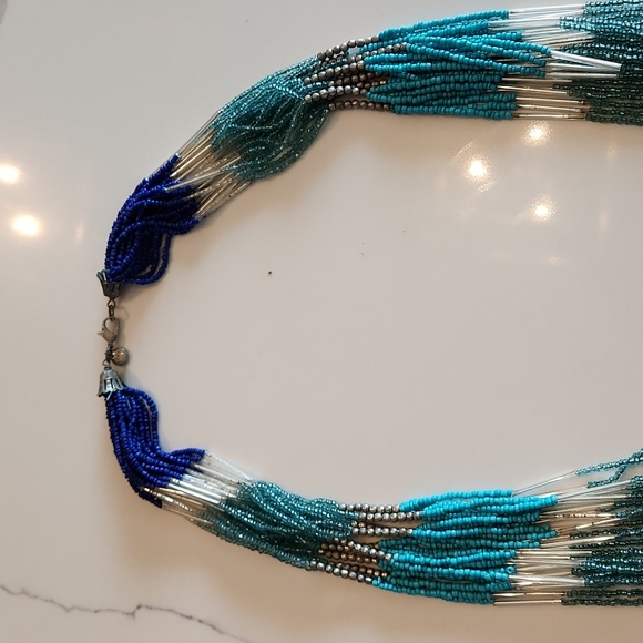 Ann Taylor Loft Glass Seed Beaded Long Necklace Blue Turquoise - Picture 4 of 5